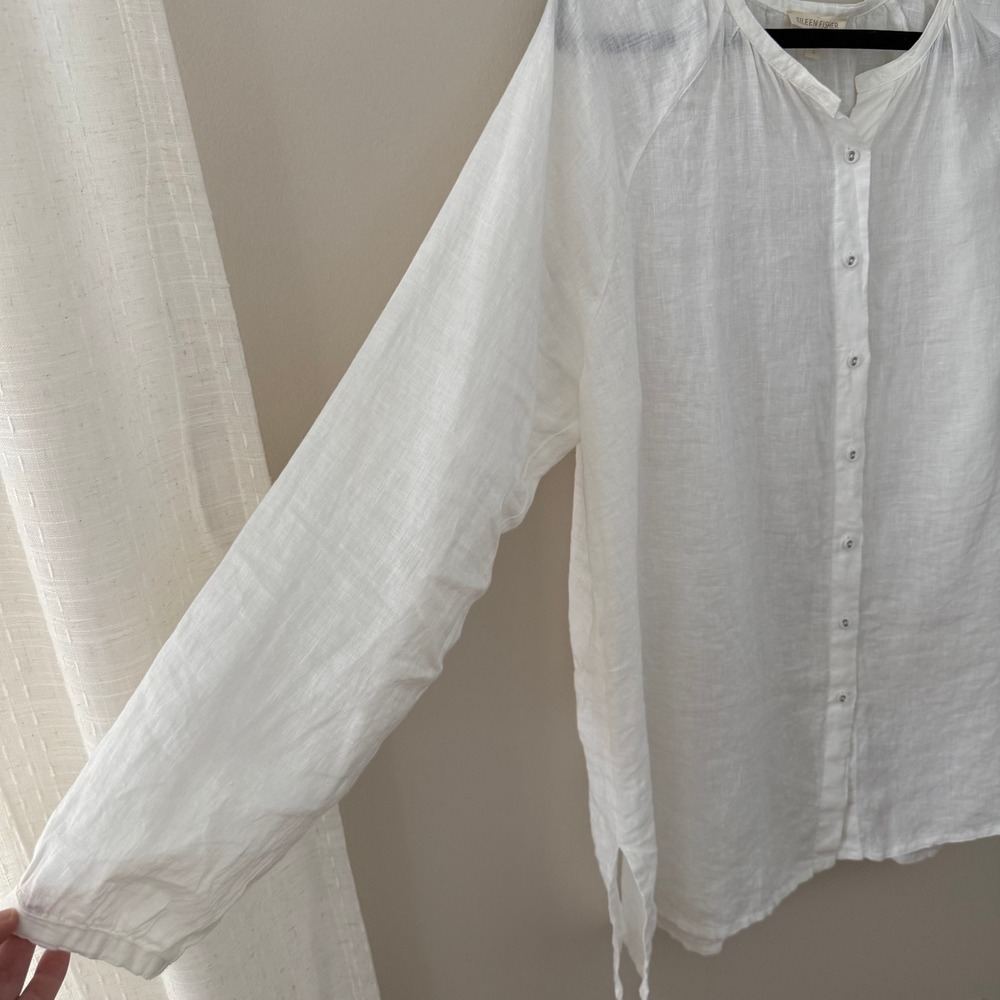 Eileen Fisher White 100% Irish Linen Button Front Tunic Shirt Large long Sleeve - Picture 2 of 10
